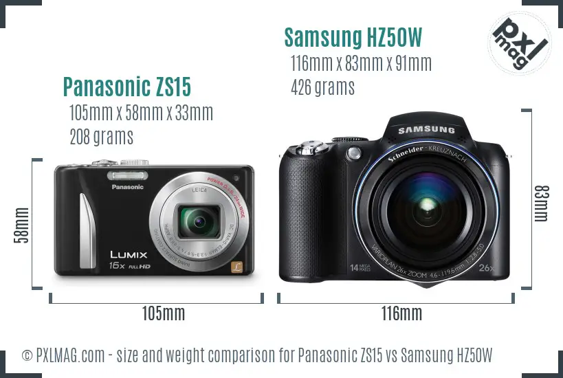 Panasonic ZS15 vs Samsung HZ50W size comparison