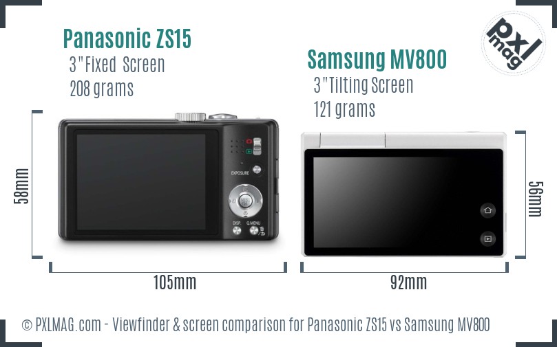 Panasonic ZS15 vs Samsung MV800 Screen and Viewfinder comparison