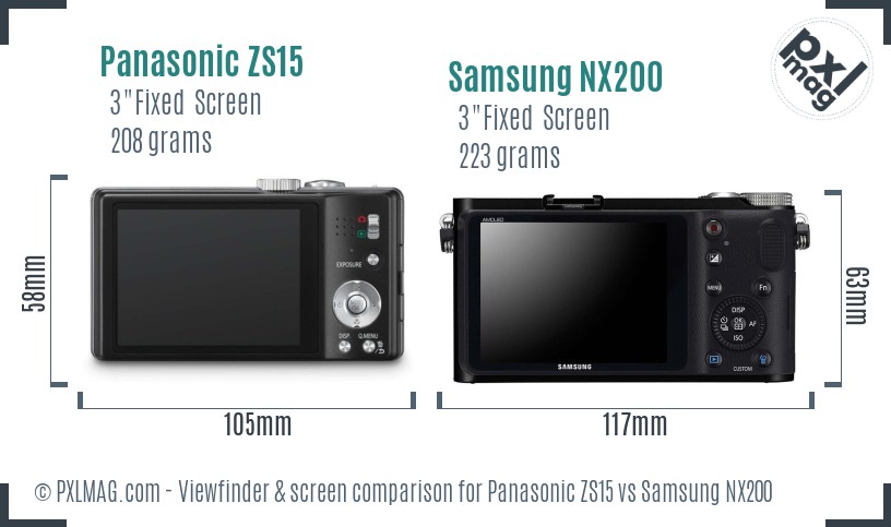 Panasonic ZS15 vs Samsung NX200 Screen and Viewfinder comparison