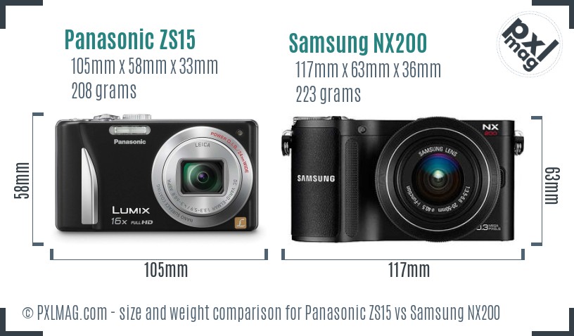 Panasonic ZS15 vs Samsung NX200 size comparison