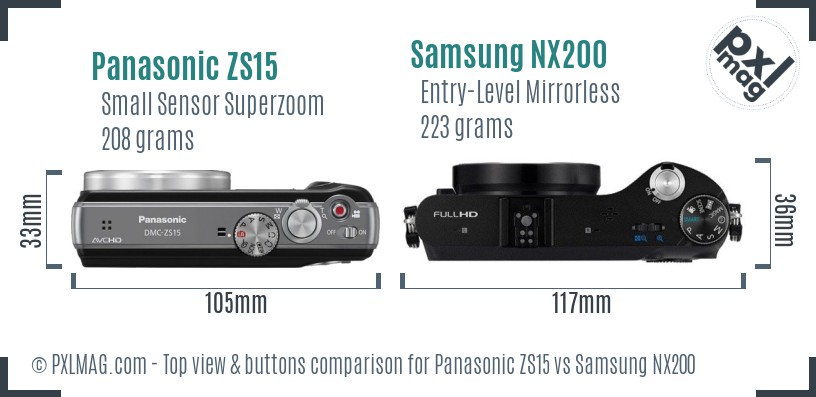 Panasonic ZS15 vs Samsung NX200 top view buttons comparison