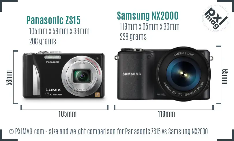 Panasonic ZS15 vs Samsung NX2000 size comparison