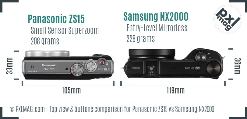 Panasonic ZS15 vs Samsung NX2000 top view buttons comparison