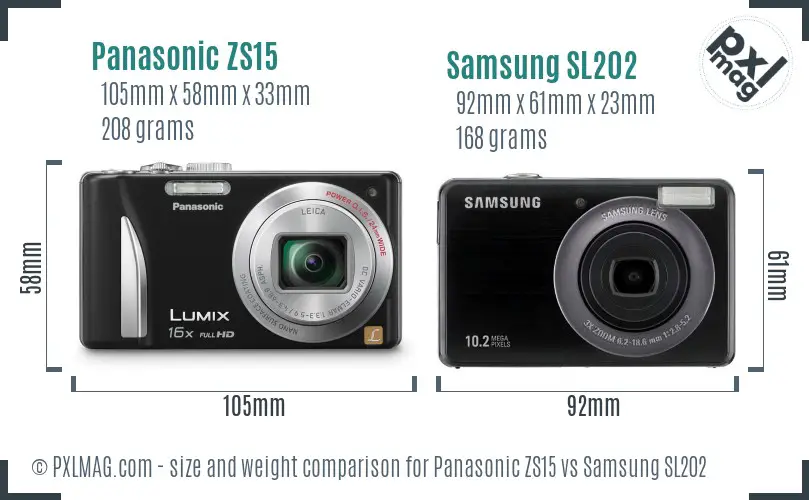 Panasonic ZS15 vs Samsung SL202 size comparison