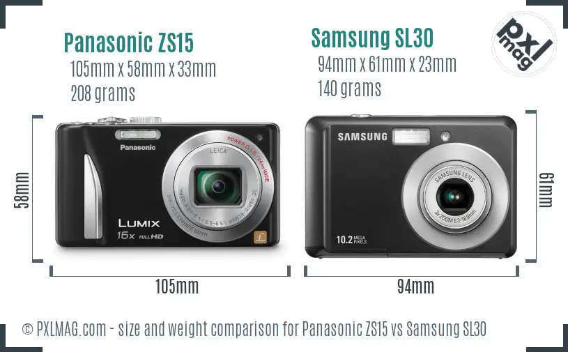 Panasonic ZS15 vs Samsung SL30 size comparison