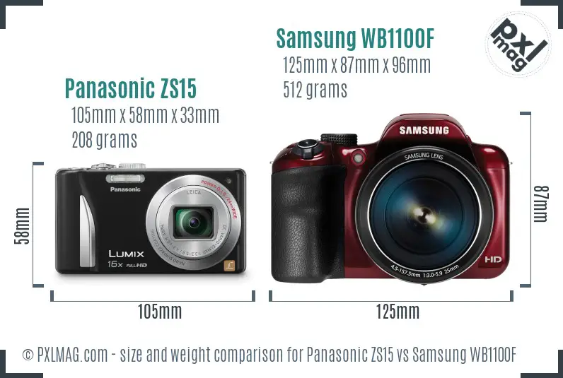 Panasonic ZS15 vs Samsung WB1100F size comparison