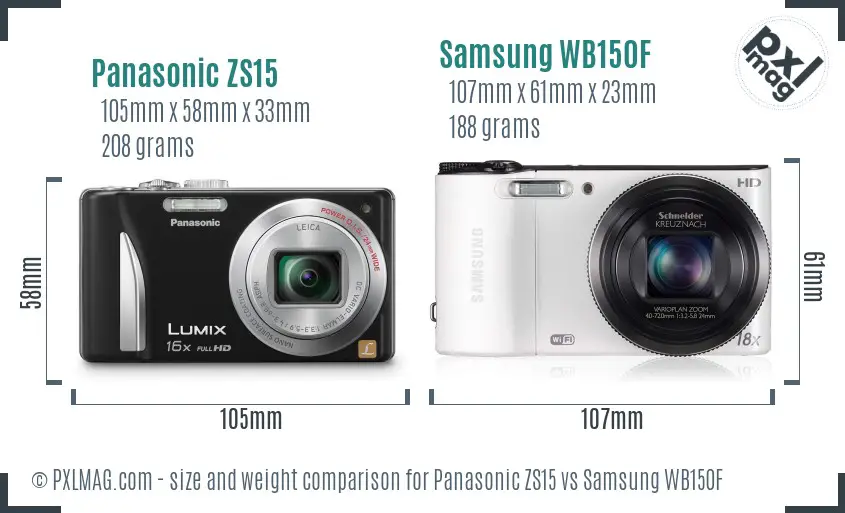 Panasonic ZS15 vs Samsung WB150F size comparison