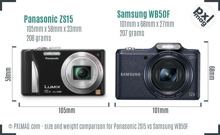 Panasonic ZS15 vs Samsung WB50F size comparison