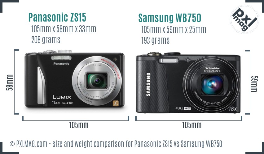Panasonic ZS15 vs Samsung WB750 size comparison