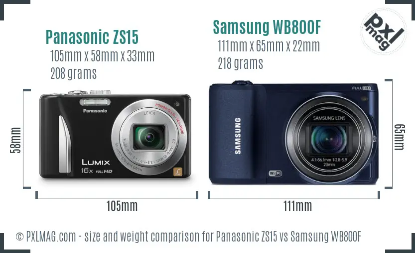 Panasonic ZS15 vs Samsung WB800F size comparison