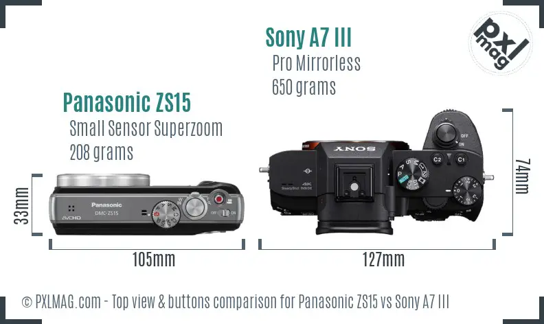 Panasonic ZS15 vs Sony A7 III top view buttons comparison Panasonic ZS15 vs Sony A7 III top view buttons comparison