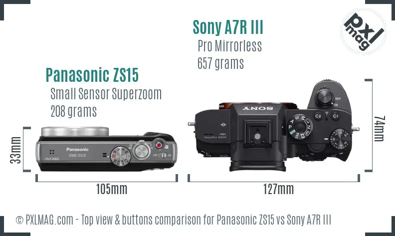 Panasonic ZS15 vs Sony A7R III top view buttons comparison