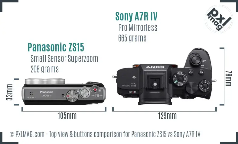 Panasonic ZS15 vs Sony A7R IV top view buttons comparison Panasonic ZS15 vs Sony A7R IV top view buttons comparison