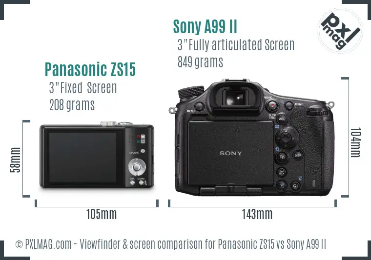 Panasonic ZS15 vs Sony A99 II Screen and Viewfinder comparison