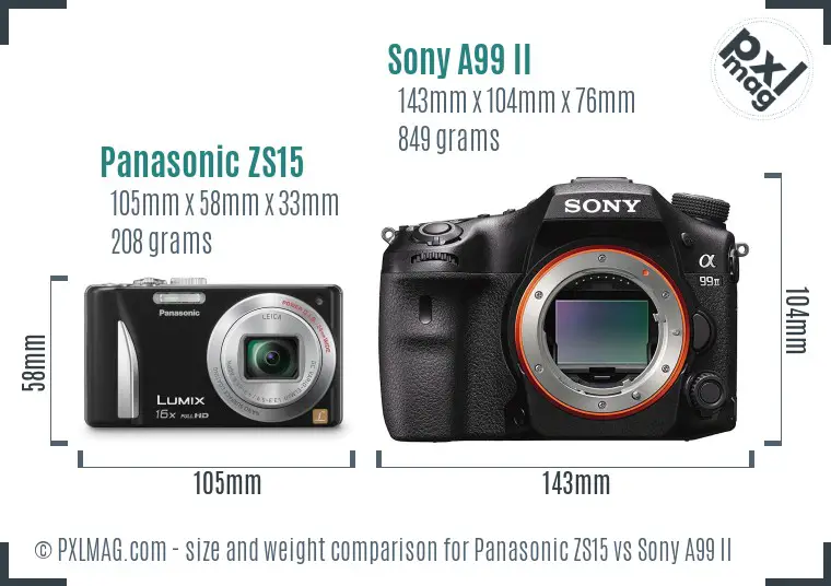 Panasonic ZS15 vs Sony A99 II size comparison
