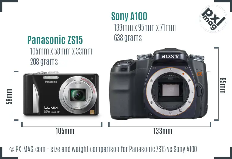 Panasonic ZS15 vs Sony A100 size comparison