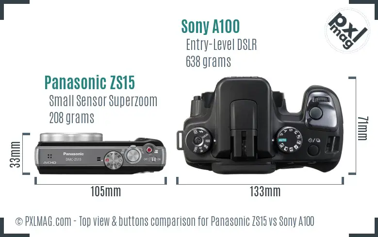 Panasonic ZS15 vs Sony A100 top view buttons comparison