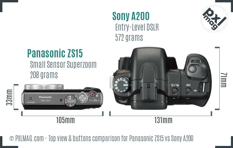 Panasonic ZS15 vs Sony A200 top view buttons comparison Panasonic ZS15 vs Sony A200 top view buttons comparison