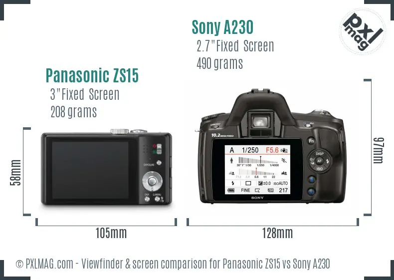 Panasonic ZS15 vs Sony A230 Screen and Viewfinder comparison