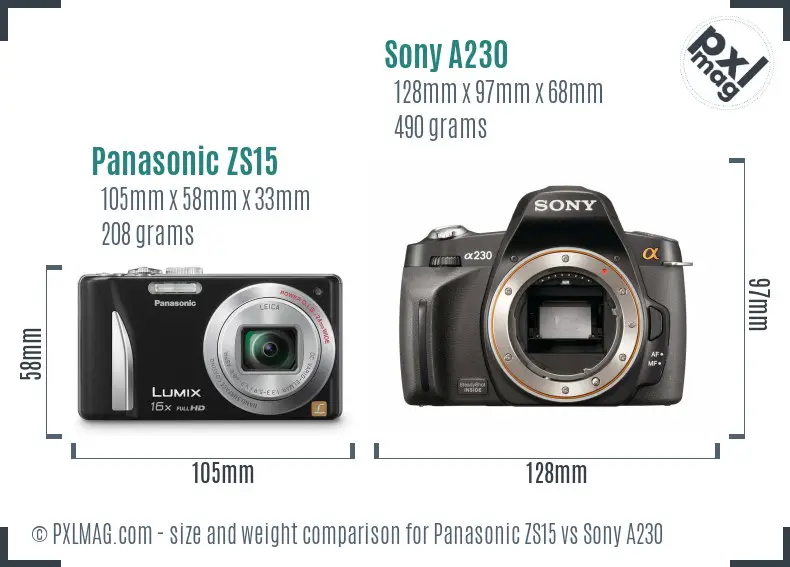 Panasonic ZS15 vs Sony A230 size comparison