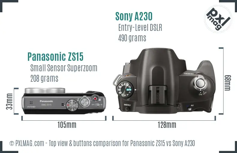 Panasonic ZS15 vs Sony A230 top view buttons comparison
