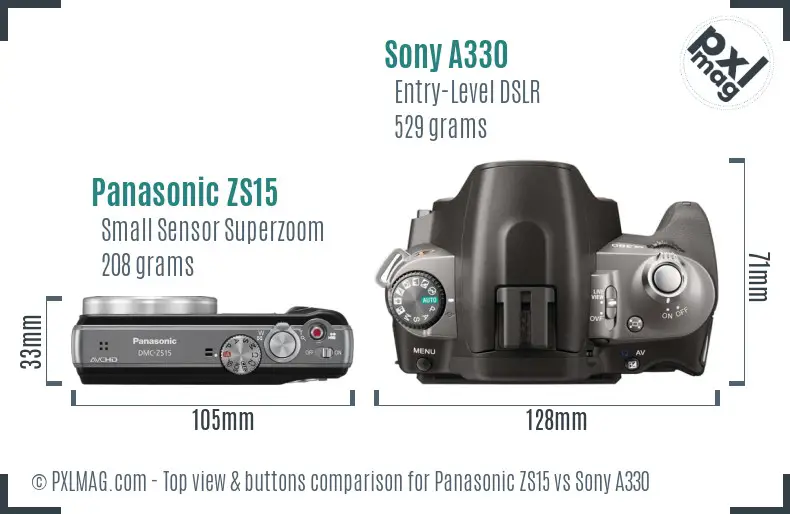 Panasonic ZS15 vs Sony A330 top view buttons comparison Panasonic ZS15 vs Sony A330 top view buttons comparison