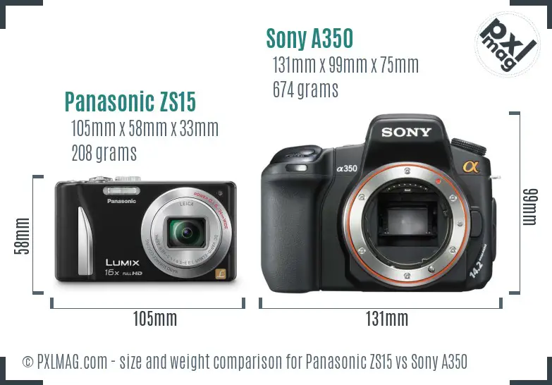 Panasonic ZS15 vs Sony A350 size comparison