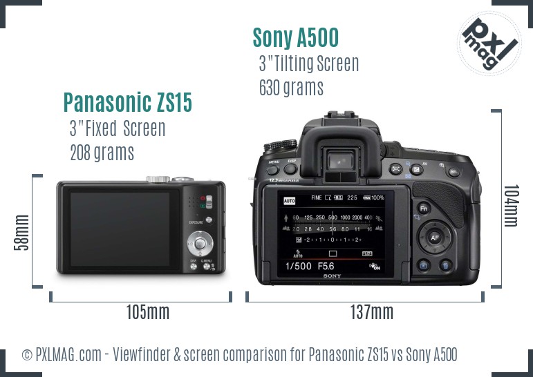 Panasonic ZS15 vs Sony A500 Screen and Viewfinder comparison