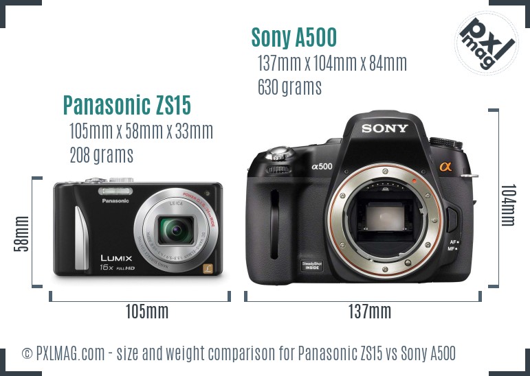 Panasonic ZS15 vs Sony A500 size comparison Panasonic ZS15 vs Sony A500 size comparison