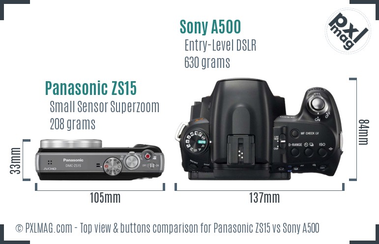 Panasonic ZS15 vs Sony A500 top view buttons comparison