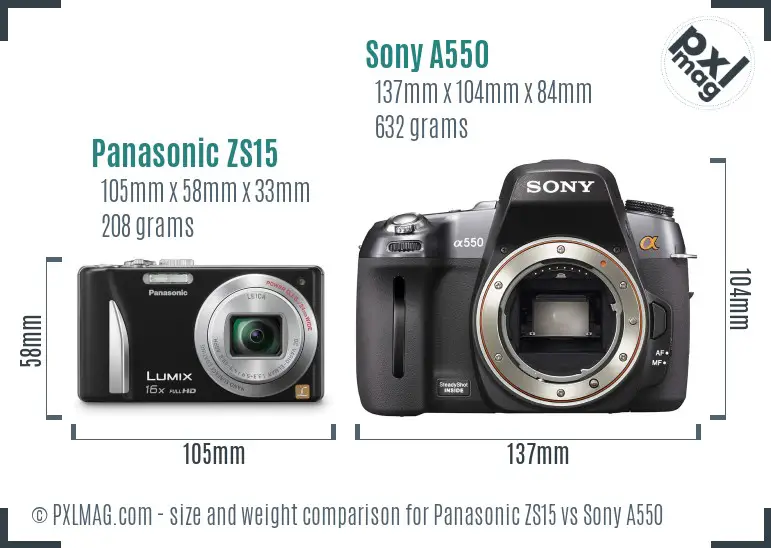 Panasonic ZS15 vs Sony A550 size comparison