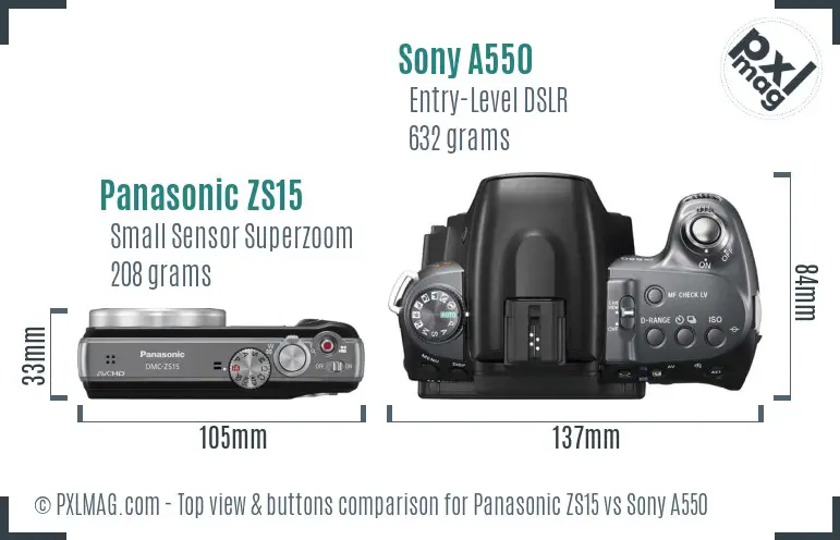 Panasonic ZS15 vs Sony A550 top view buttons comparison