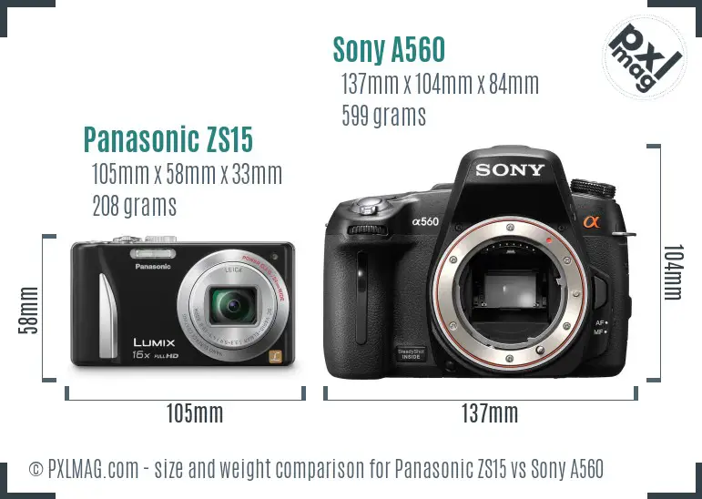 Panasonic ZS15 vs Sony A560 size comparison
