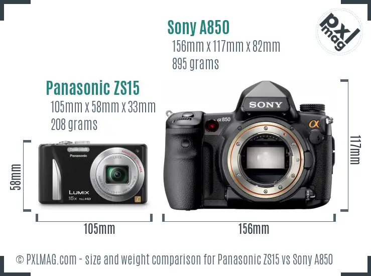 Panasonic ZS15 vs Sony A850 size comparison