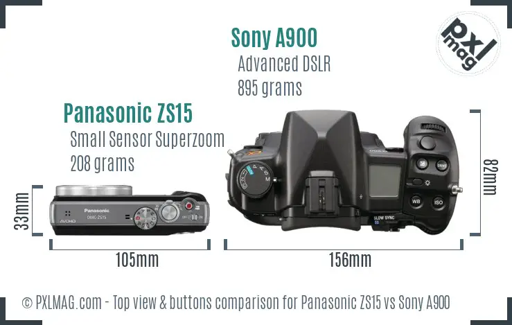Panasonic ZS15 vs Sony A900 top view buttons comparison Panasonic ZS15 vs Sony A900 top view buttons comparison