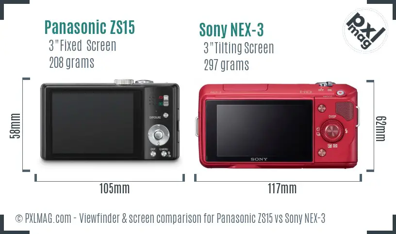 Panasonic ZS15 vs Sony NEX-3 Screen and Viewfinder comparison