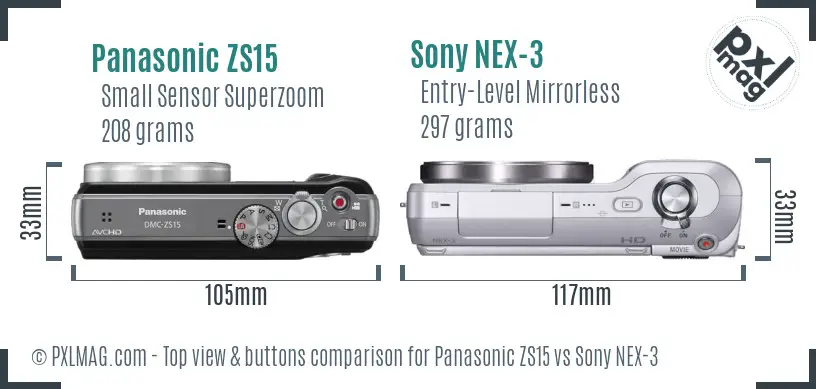 Panasonic ZS15 vs Sony NEX-3 top view buttons comparison