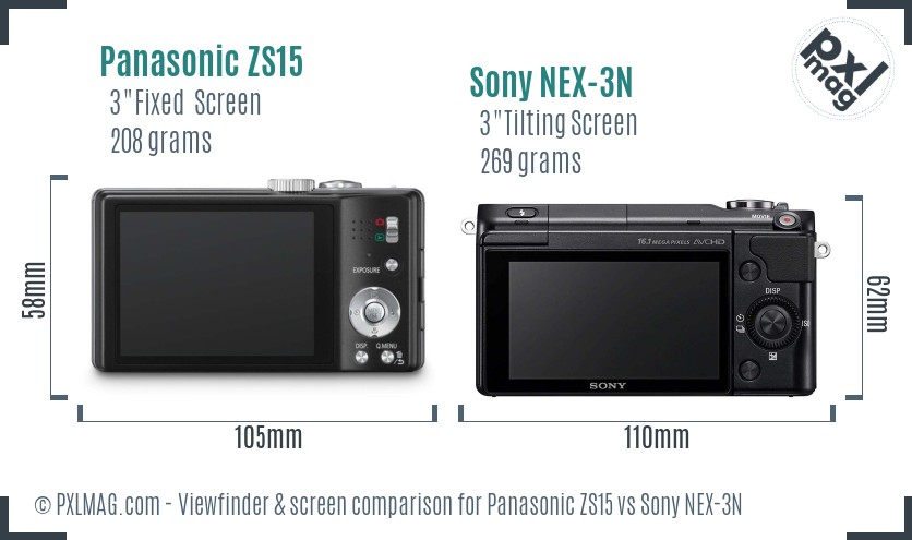 Panasonic ZS15 vs Sony NEX-3N Screen and Viewfinder comparison