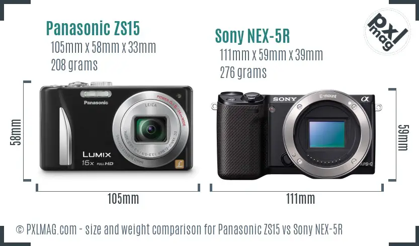 Panasonic ZS15 vs Sony NEX-5R size comparison