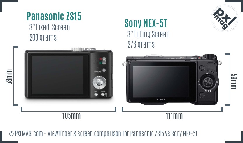 Panasonic ZS15 vs Sony NEX-5T Screen and Viewfinder comparison