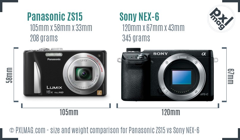 Panasonic ZS15 vs Sony NEX-6 size comparison