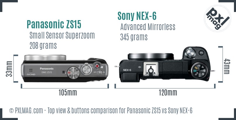 Panasonic ZS15 vs Sony NEX-6 top view buttons comparison