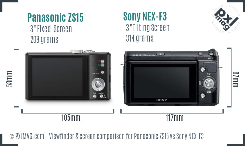 Panasonic ZS15 vs Sony NEX-F3 Screen and Viewfinder comparison