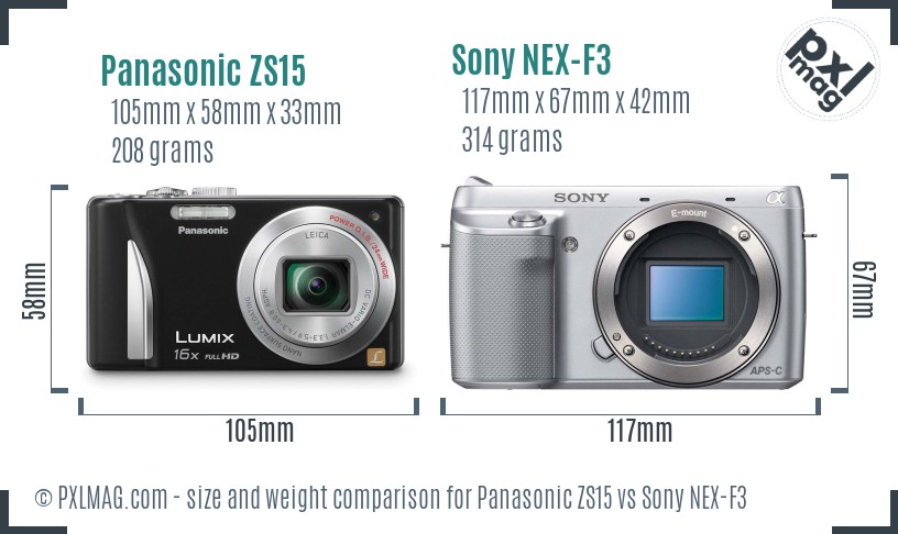 Panasonic ZS15 vs Sony NEX-F3 size comparison