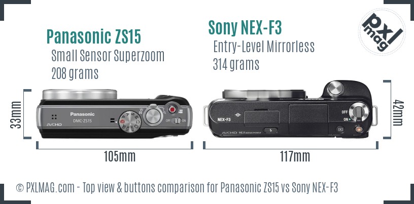 Panasonic ZS15 vs Sony NEX-F3 top view buttons comparison