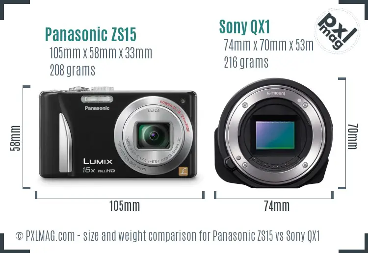 Panasonic ZS15 vs Sony QX1 size comparison