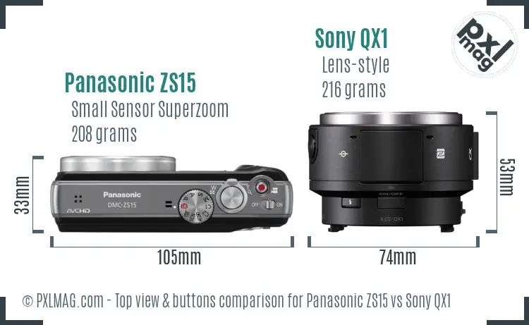 Panasonic ZS15 vs Sony QX1 top view buttons comparison