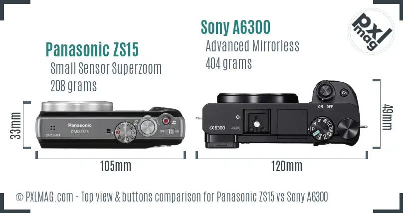 Panasonic ZS15 vs Sony A6300 top view buttons comparison Panasonic ZS15 vs Sony A6300 top view buttons comparison