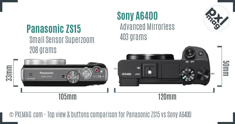 Panasonic ZS15 vs Sony A6400 top view buttons comparison