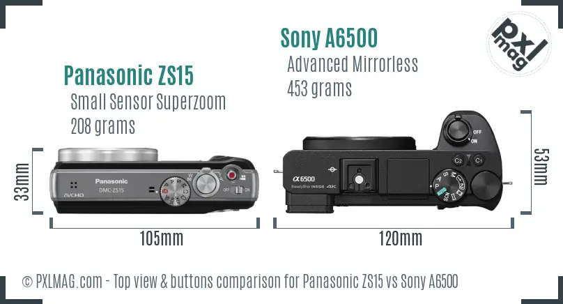 Panasonic ZS15 vs Sony A6500 top view buttons comparison Panasonic ZS15 vs Sony A6500 top view buttons comparison
